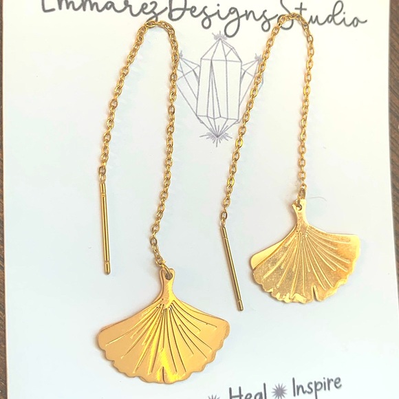 ✨NWT ✨ 18k Gold Ginkgo Leaf Threaders ✨ Dangling Bohemian Earrings✨Handmade✨ - Picture 3 of 5